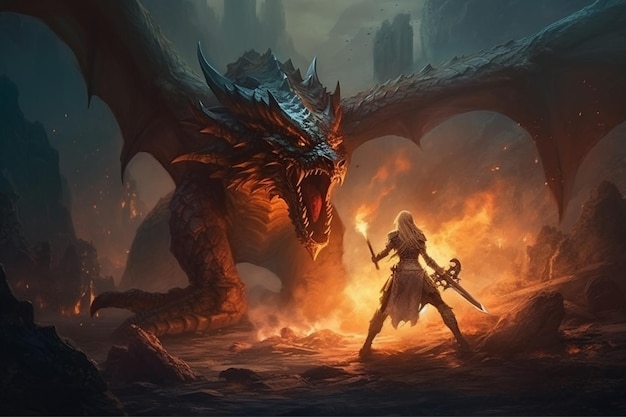 A dragon and a woman with a sword