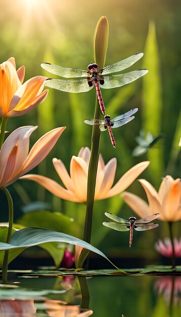 Photo dragonflies dancing over lily ponds wallpaper