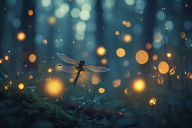 Photo a dragonfly amidst a magical scene of glowing orbs in a twilight forest