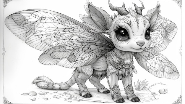 Dragonfly Baby Deer Creature Outline Sketch Monster Mascot Character Design geïsoleerd op witte achtergrond