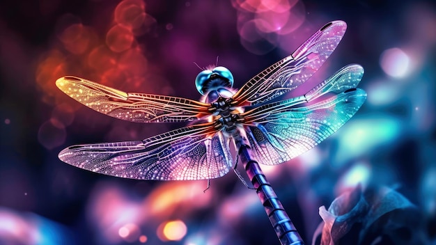 Dragonfly on a colorful background with a purple and blue dragonfly