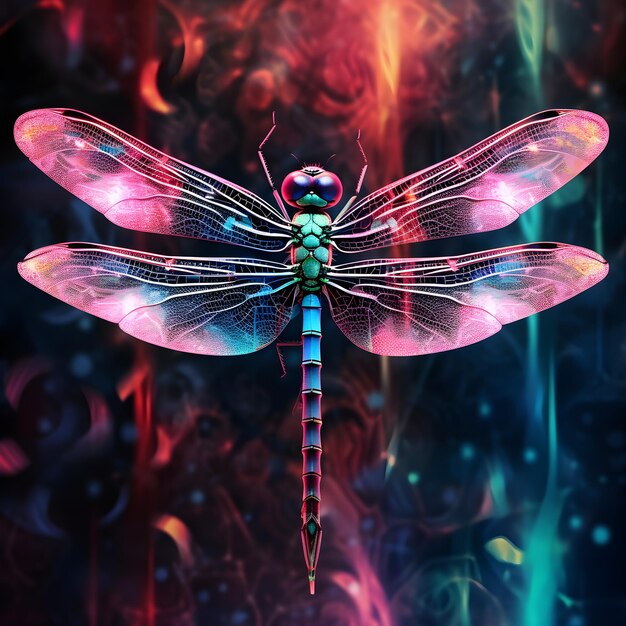 Photo a dragonfly dreaming in a squishy neon mountain background