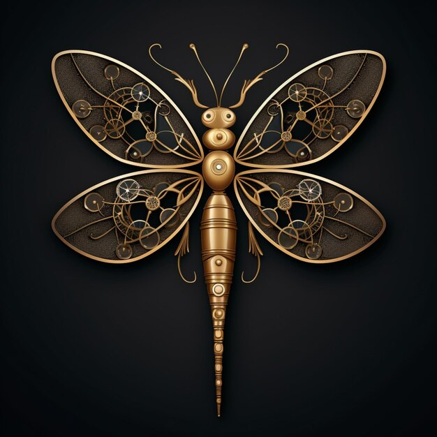 dragonfly elegant logo on black background in the style of geometric surrealism dark gold and dark blue