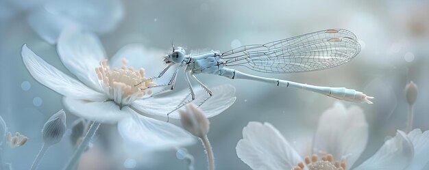 A dragonfly finds repose on a delicate spring bloom a fleeting moment of stillness amidst the perpetual motion of the natural world Concept Nature Dragonfly Spring Bloom Stillness