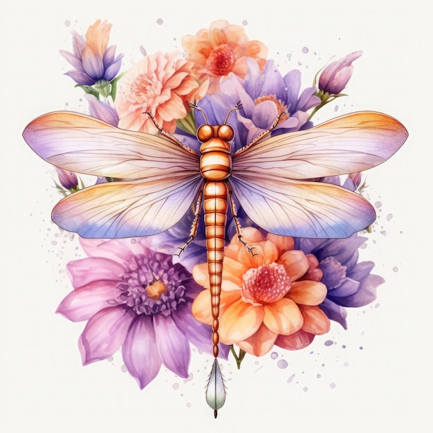 Dragonfly Flower Watercolor Clipart Watercolor Dragonfly Flower Generated by AI