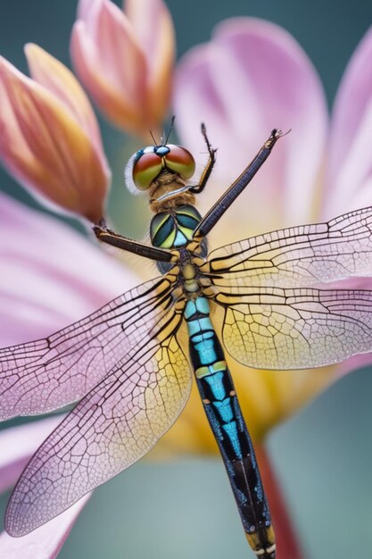 Dragonfly on a flower with some drops of dew