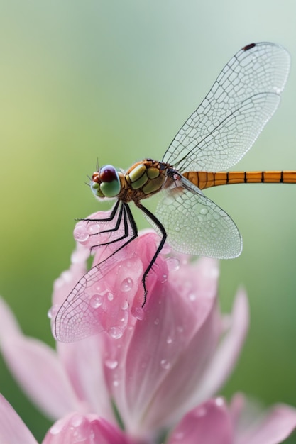 Dragonfly on a flower with some drops of dew