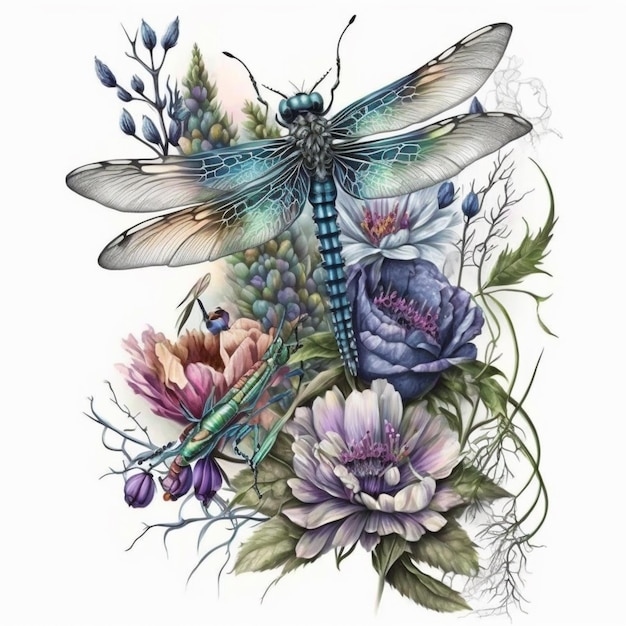 A dragonfly and flowers tattoo design generative ai