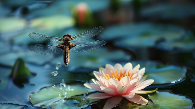 A dragonfly hovers above a water lily in a pond The dragonflys wings are spread wide and its body is poised