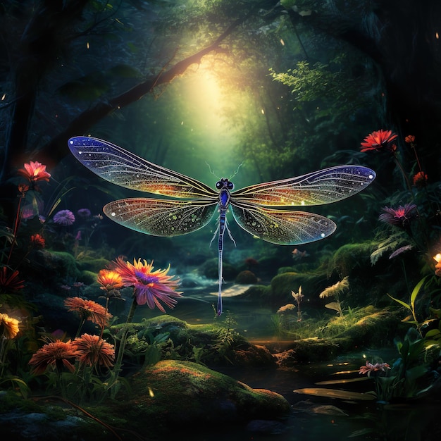 Foto dragonfly in een magisch woud weelderig gecentreerde album art generatieve ai