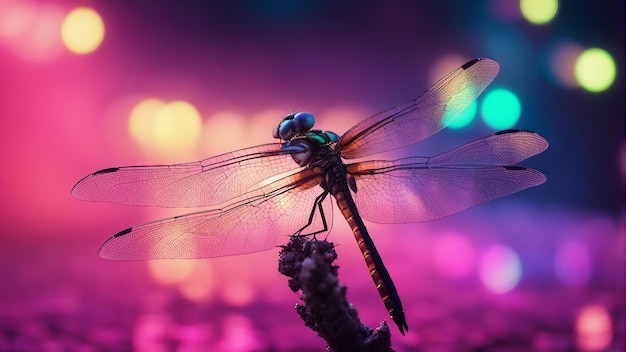 Dragonfly insect animal flying nature scene neon background generated by AI