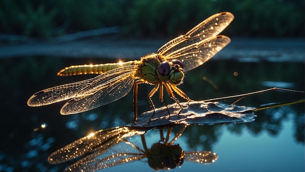 Photo a dragonfly is on a car with the reflection of the sun on the water