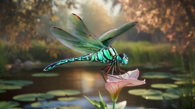 Photo a dragonfly is flying over a lily pad