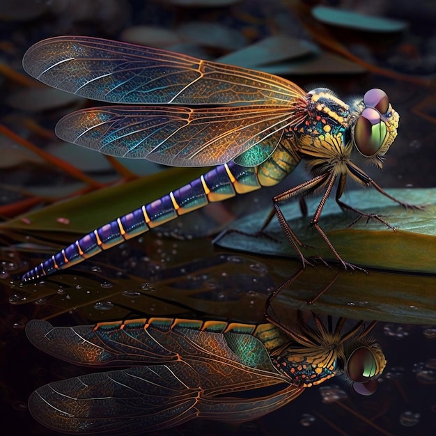 A dragonfly is on a leaf in the water.