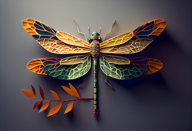 A dragonfly is made of paper and has a branch with leaves on it.