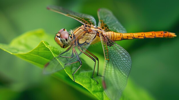 A dragonfly is perched on a green leaf The dragonfly is mostly yellow with green and brown markings on its wings and body