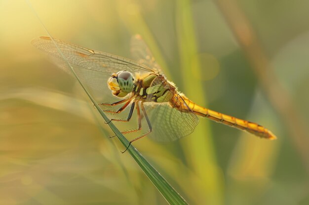 A dragonfly is perched on a green leaf