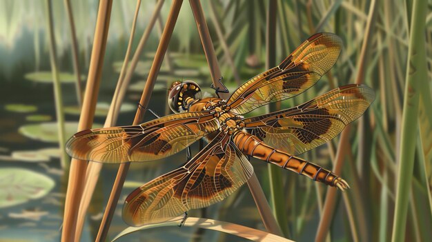 Photo a dragonfly is perched on a reed in a marsh its wings are outstretched and its body is long and slender