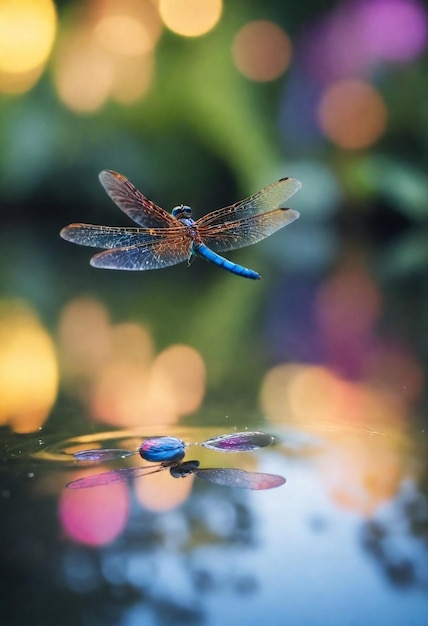 Photo a dragonfly is on the water and is reflected in the water