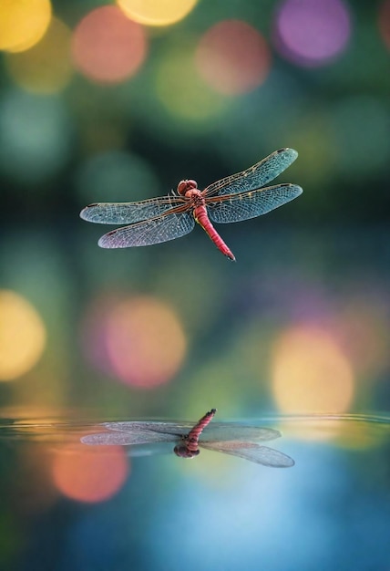 Foto una libellula è sull'acqua e si riflette nell'acqua