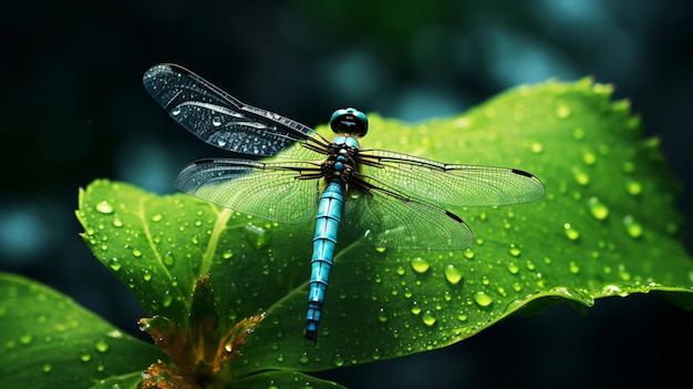 Dragonfly on leaf of plant with drop of morning dew