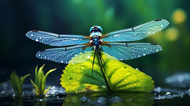 Dragonfly op blad van plant met druppel ochtenddauw