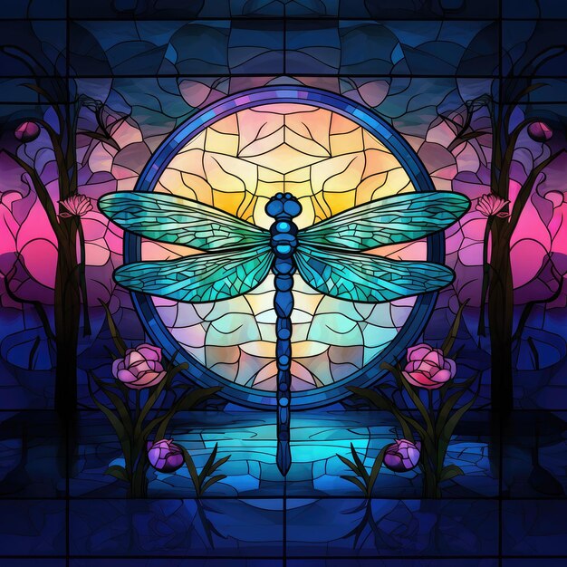 Photo dragonfly postcard in stained glass style