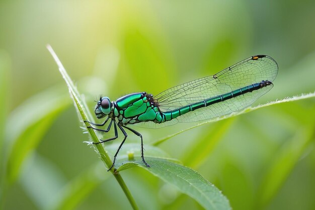 Dragonfly rusten op gras blad groene bokeh natuur achtergrond