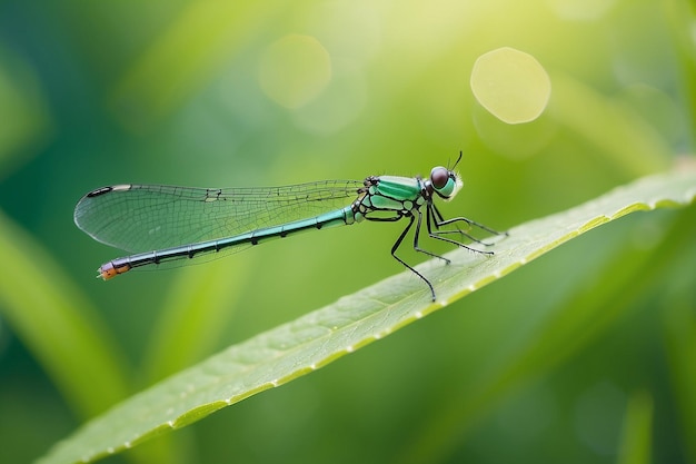 Dragonfly rusten op gras blad groene bokeh natuur achtergrond