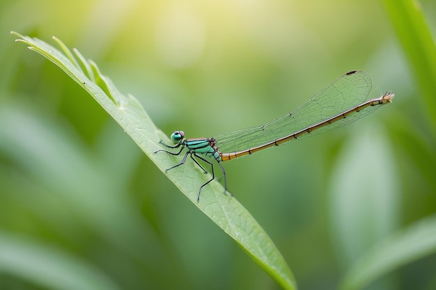 Dragonfly rusten op gras blad groene bokeh natuur achtergrond