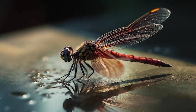 Dragonfly rustend op nat blad levendige schoonheid gegenereerd door AI