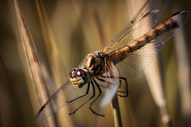 A dragonfly sits on a blade of grass.