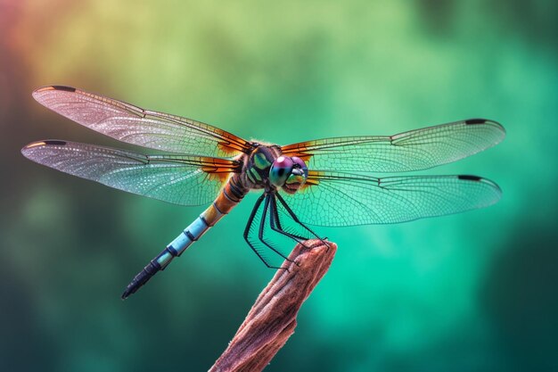 A dragonfly sits on a blue and green background