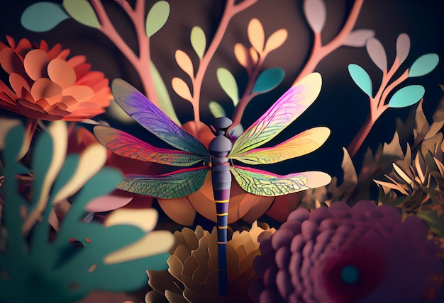 Photo a dragonfly sits on a flower arrangement.