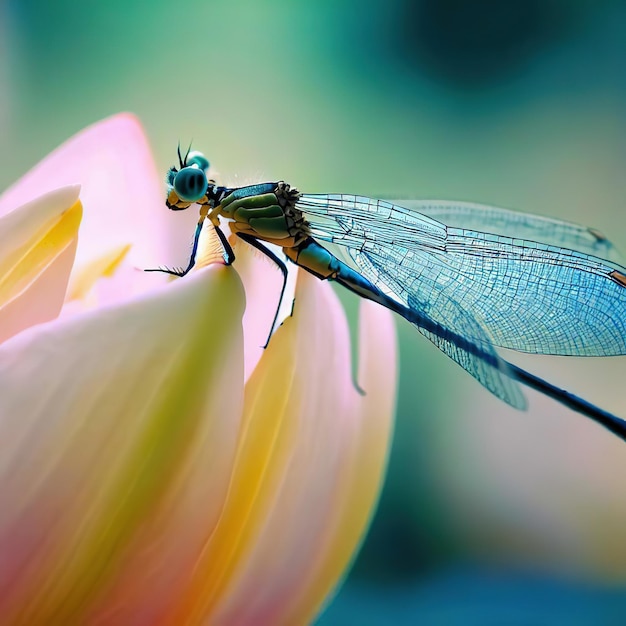 Photo a dragonfly sits on a flower with a pink flower in the background