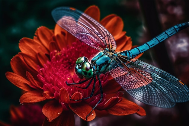 Photo a dragonfly sits on a red flower.