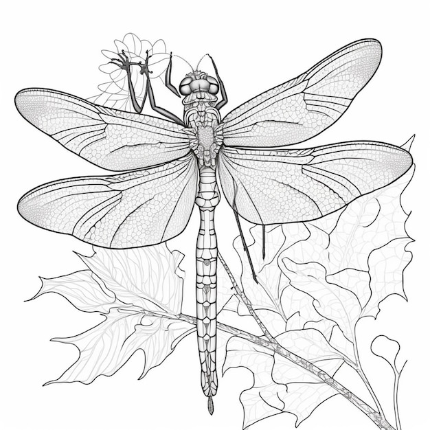a dragonfly sitting on a branch with leaves and flowers generative ai