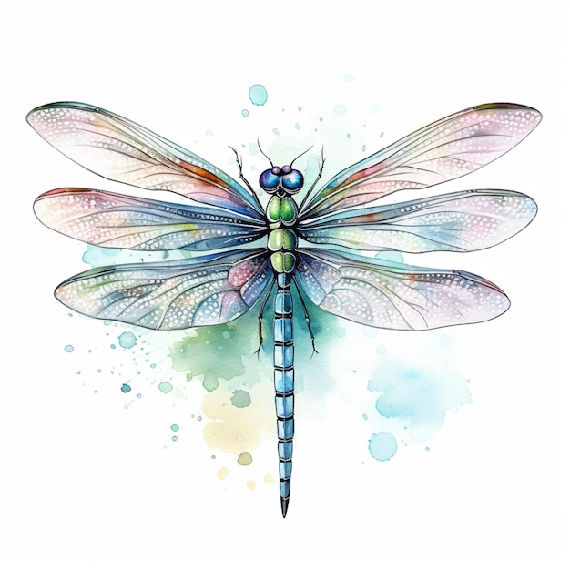 Photo dragonfly watercolor painting with a blue dragonfly on the top.