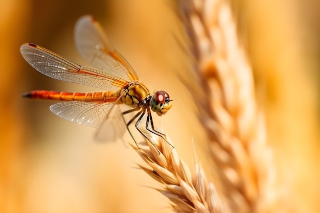 Dragonfly on a wheat field with the word dragonfly on the back