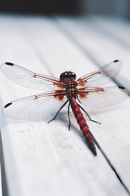 Dragonfly on white wooden background ai