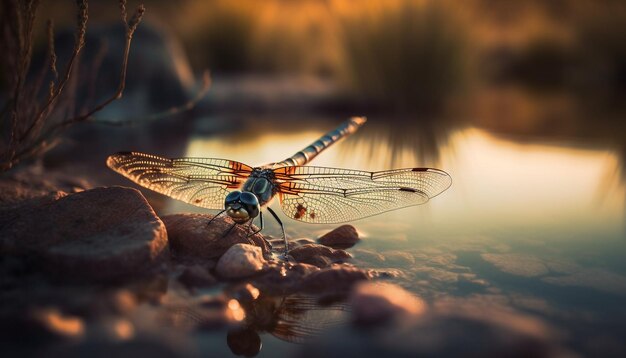Photo dragonfly wing shimmers in pond blue water generated by ai