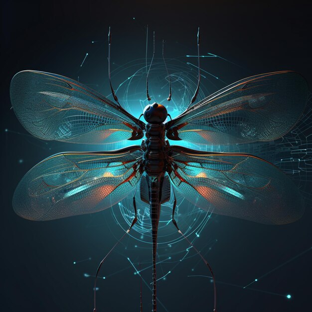 A dragonfly with a blue background and a digital design