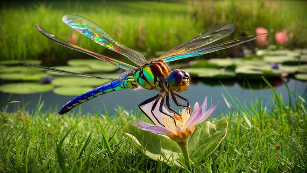 Photo dragonfly with blue and green wings and a flower in the grass