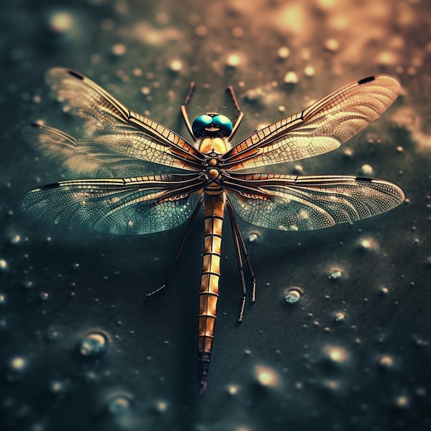 A dragonfly with blue wings and a yellow and black body sits on a surface with bubbles in the background.