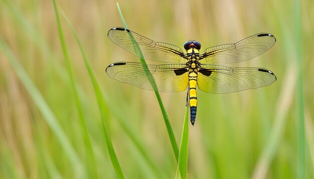 Photo a dragonfly with blue and yellow wings is sitting in the grass