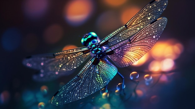 A dragonfly with a colorful pattern of light on its wings