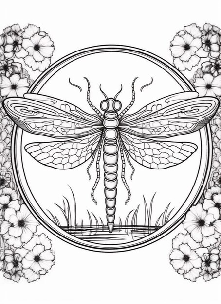 a dragonfly with flowers around it and a circle around it generative ai