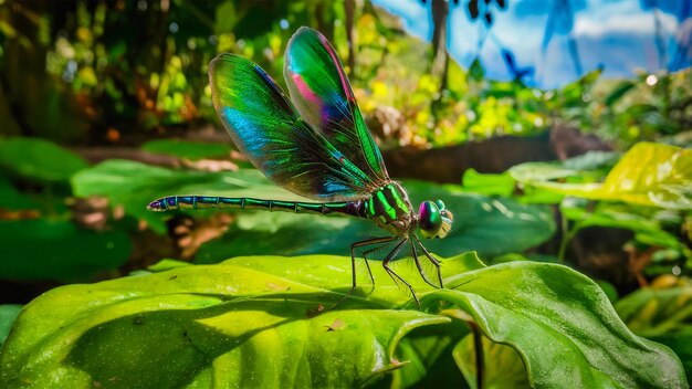 a dragonfly with a green tail is on a leaf