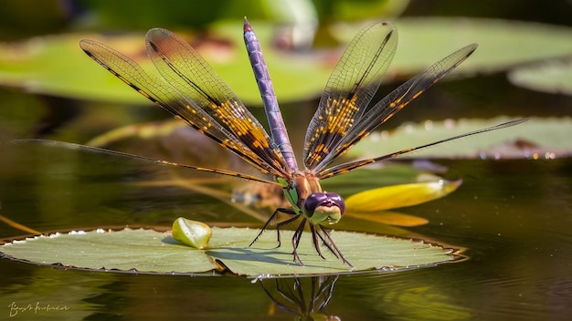 Photo a dragonfly with orange wings is sitting on a leaf