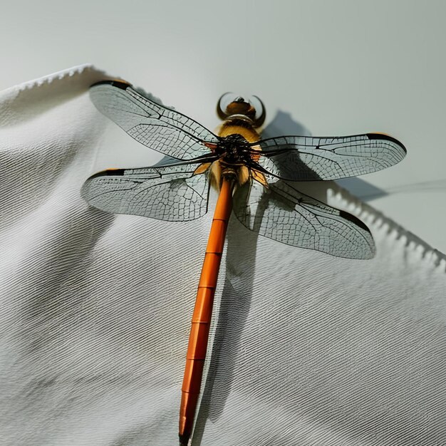 A dragonfly with orange wings sits on a white cloth.